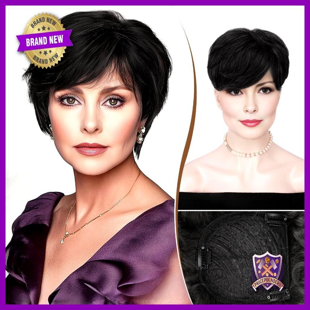 Human Hair Topper Pixie Cut with Bangs Clip-In Curly Hair Piece for Thinning